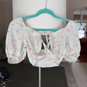 Mint and Pink Floral Puff Sleeve Crop Top